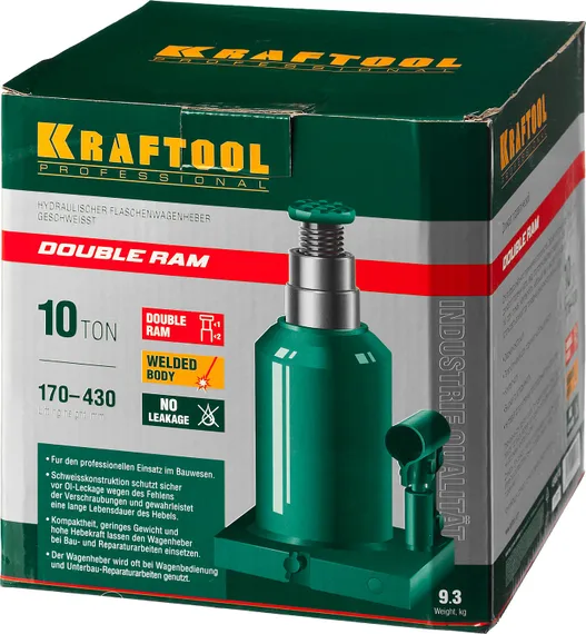 KRAFTOOL DOUBLE RAM, 10 т, 170 - 430 мм, с увеличенным подъемом, двухштоковый бутылочный домкрат (43463-10)
