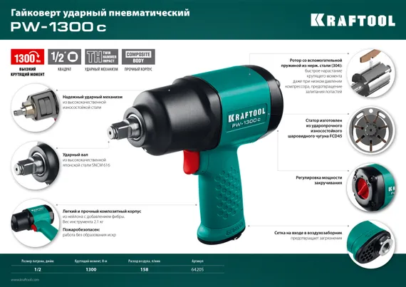 KRAFTOOL PW-1300c, 1/2″, 1300 Н·м, ударный пневматический гайковерт (64205)