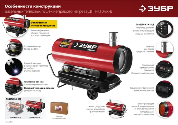 ЗУБР 65 кВт, дизельная тепловая пушка, непрямой нагрев (ДПН-К10-65-Д)