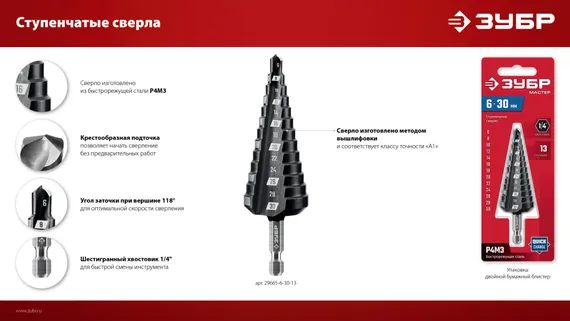 ЗУБР 9-36мм, 10 ступеней, сверло ступенчатое (29665-9-36-10)