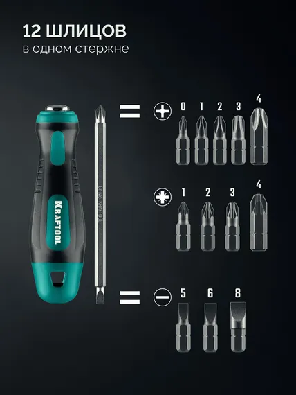 KRAFTOOL Universal-12, PH 0-1-2-3-4, PZ 1-2-3-4, SL 5, 6, 8 мм, 12-в-1, универсальная переставная отвертка с двусторонним стержнем (26168)