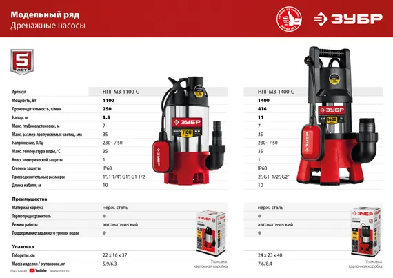 Дренажный насос для грязной воды, корпус - нерж. сталь ЗУБР 1100 Вт, (НПГ-М3-1100-С)