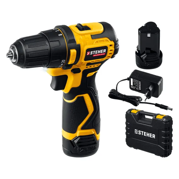 Бесщеточная дрель-шуруповерт, STEHER 12 В, 35 Н·м, 2 АКБ (2 А·ч),  кейс (CDB-120-2)