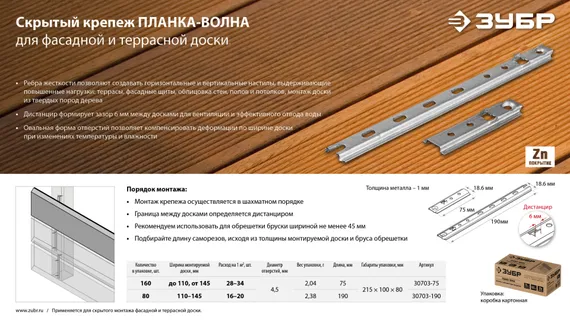 ЗУБР Планка-Волна, 75 мм, цинк, 160 шт, крепеж для монтажа фасадной и террасной доски (30703-75)