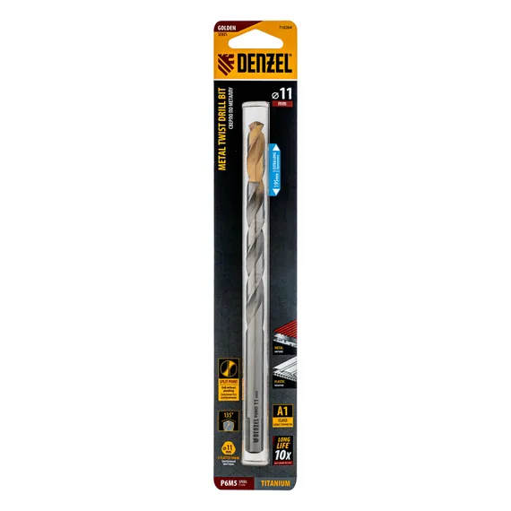 Сверло спиральное по металлу 11 х 195 мм, Р6М5, Golden Tip, удлиненное Denzel