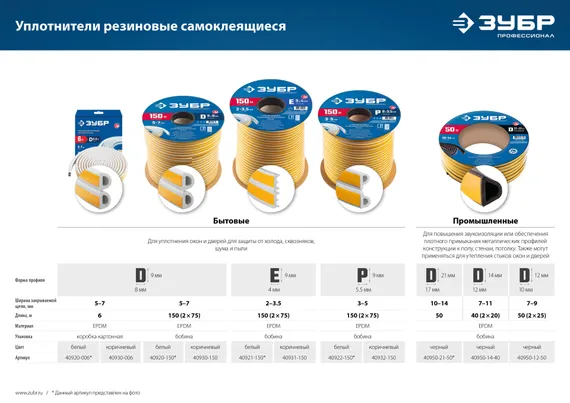 ЗУБР 6 м, D-профиль, размер 9 х 8 мм, коричневый, самоклеящийся резиновый уплотнитель, Профессионал (40930-006)