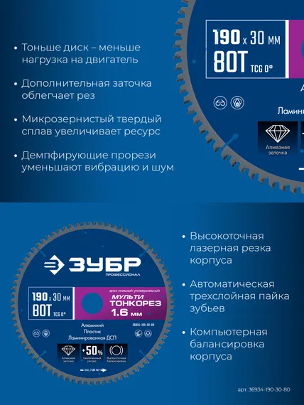 ЗУБР Мульти Тонкорез 190х30 x 1.6 мм, 80Т, диск пильный универсальный, тонкий рез, Профессионал (36934-190-30-80)