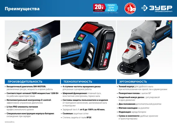 Бесщеточная аккумуляторная УШМ, ЗУБР Т7, 20 В, 125 мм, без АКБ,Профессионал (AB-125)