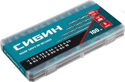 СИБИН 100 шт, (1-10 мм), быстрорежущая сталь, класс В, пласт.бокс, набор сверл по металлу (29610-H100)