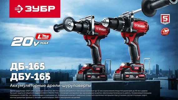 Бесщеточная ударная дрель-шуруповерт, ЗУБР 20 В, 165 Н·м, 1 АКБ LMS (2 А·ч), (ДБУ-165-21)