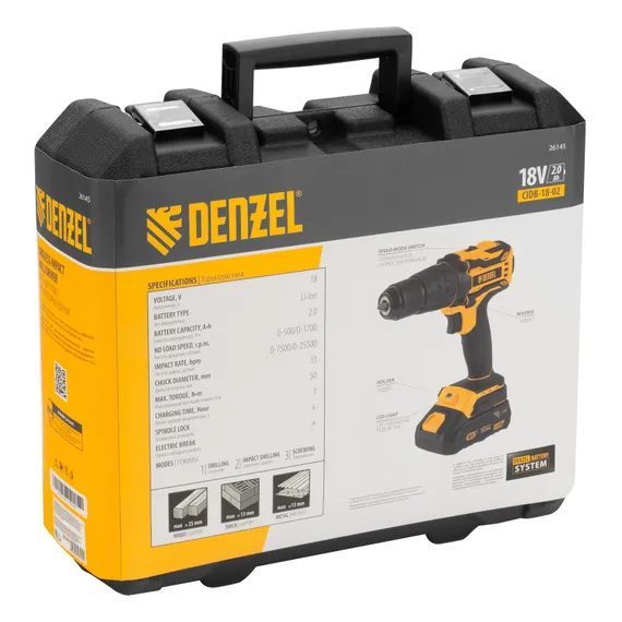 Дрель-шуруповерт аккумуляторная ударная бесщет CIDB-18-02, Li-Ion, 18 В Denzel