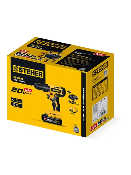 Дрель-шуруповерт, STEHER 20 В, 40 Н·м, 1 АКБ LMS (2 А·ч), (CD-40-21)