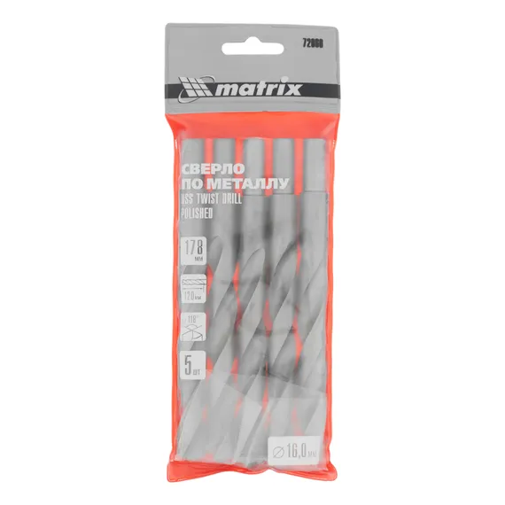 Сверло по металлу, 16 мм, полированное, HSS, 5 шт, цилиндрический хвостовик Matrix