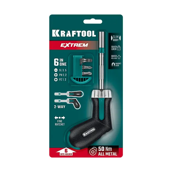 KRAFTOOL EXTREM набор: рычажная реверсивная отвертка с битами 6 шт (25899)