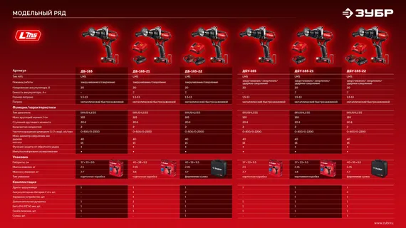 Бесщеточная дрель-шуруповерт, ЗУБР 20 В, 165 Н·м, 2 АКБ LMS (2 А·ч), сумка (ДБ-165-22)