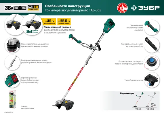 Триммер аккумуляторный садовый, бесщеточный, ЗУБР С1-18, 36 В, 35/25.5 см, без АКБ, (ТАБ-365)