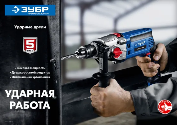 Ударная дрель с металлическим корпусом, ЗУБР 850 Вт, 13 мм, 2 скорости, кейс, Профессионал (ДУ-П850 ЭРМ)