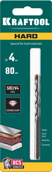 KRAFTOOL Hard, 4 х 80 мм, тв.сплав ВС5, сверло специальное по твёрдым материалам (29177-080-4)