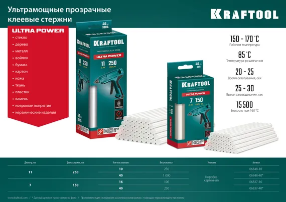KRAFTOOL Ultra Power, 11 х 250 мм, 10 шт, ультрамощные, прозрачные, клеевые стержни (06848-10)