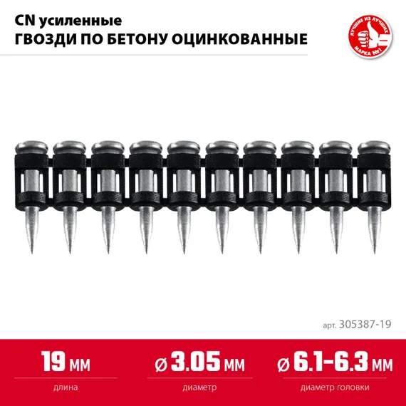 ЗУБР CN усиленные 19 х 3.05 мм, гвозди по бетону оцинкованные, 1000 шт (305387-19)