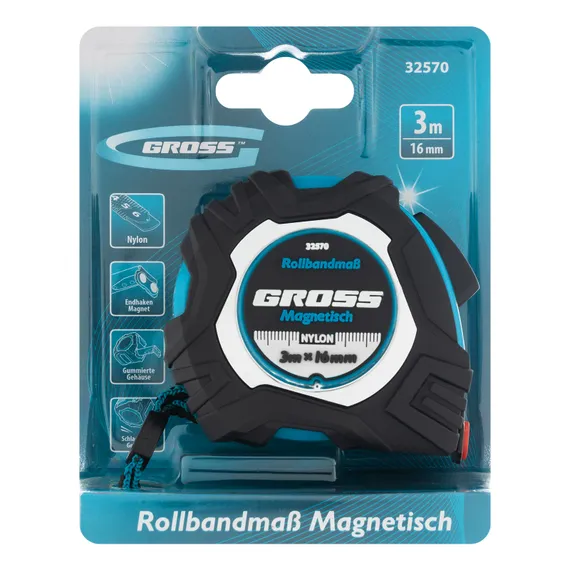 Рулетка Magnetisch 3 м х 16 мм,обрезиненный корпус,автоматическая фиксация,Нейлоновое покрытиеытие,зацеп с магнитом Gross