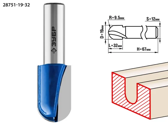 ЗУБР 19 x 32 мм, радиус 9.5 мм, фреза пазовая галтельная, Профессионал (28751-19-32)
