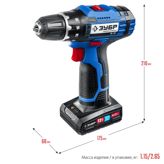 Дрель-шуруповерт, ЗУБР 12 В, 40 Н·м, 2 АКБ тип Т7 (4 А·ч), сумка, Профессионал (DL-121-42)