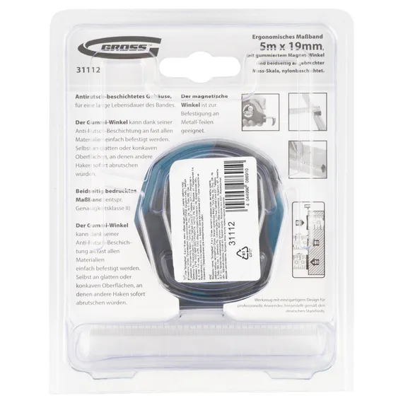 Рулетка "Schlagfest",5 м x 19 мм,магнитный обрезиненный зацеп,двусторонняя шкала,Нейлоновое покрытие,автоматическая фиксация Gross