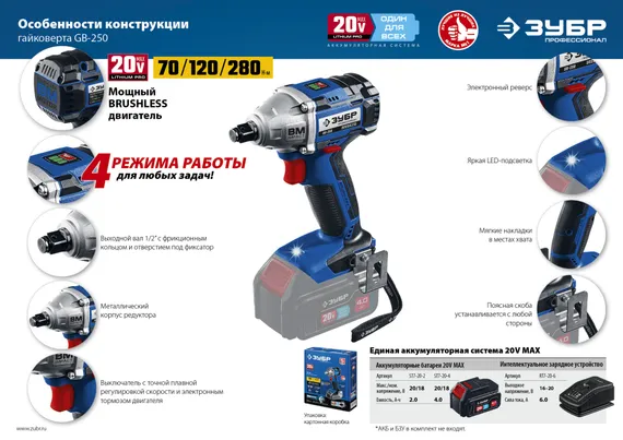Бесщеточный гайковерт, ЗУБР Т7, 20 В, 280 Н·м, без АКБ, Профессионал (GB-250)