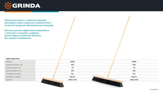 GRINDA EURO буковая колодка 40см, шлифованный черенок из берёзы 120см (d22мм) щетина 70мм, 5-рядная, уличная щётка с черенком (39251-400)