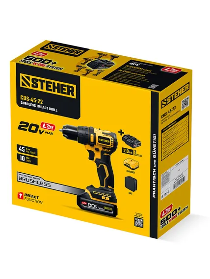 Бесщеточная ударная дрель-шуруповерт, STEHER 20 В, 45 Н·м, 2 АКБ LMS (2 А·ч), сумка (CBS-45-22)