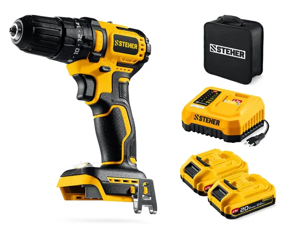 Бесщеточная ударная дрель-шуруповерт, STEHER 20 В, 45 Н·м, 2 АКБ LMS (2 А·ч), сумка (CBS-45-22)