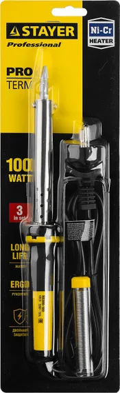 STAYER PROTerm, 100 Вт, клин, в наборе: припой + подставка, 2 К рукоятка, электропаяльник, Professional (55300-100)