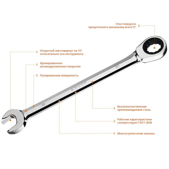 ЗУБР 30 мм, комбинированный трещоточный гаечный ключ, Профессионал (27074-30)