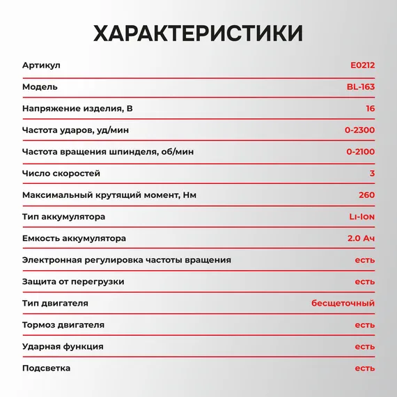 Аккумуляторный бесщеточный ударный гайковерт PROFIPOWER BL-163 E0212