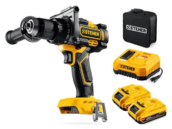 Бесщеточная дрель-шуруповерт, STEHER 20 В, 165 Н·м, 2 АКБ LMS (2 А·ч), сумка (CB-165-22)