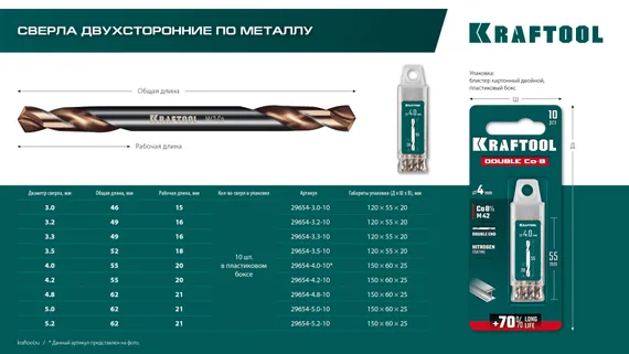 KRAFTOOL DOUBLE Сo-8 3.0х46мм, Сверло двухстороннее по металлу, сталь M42(+8%Co), класс А (29654-3.0-10)