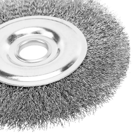 Щетка для УШМ, 150 мм, "Плоская", витая нержавеющая проволока 0.3 мм, посадка 22.2 мм Denzel