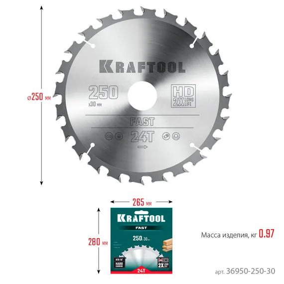 KRAFTOOL Fast, 250 х 30 мм, 24Т, пильный диск по дереву (36950-250-30)