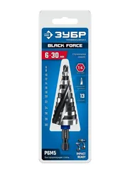 ЗУБР BLACK FORCE 6-30мм, 13 ступеней, винтовая проточка, сверло ступенчатое, ПРОФЕССИОНАЛ (29671-6-30-13)