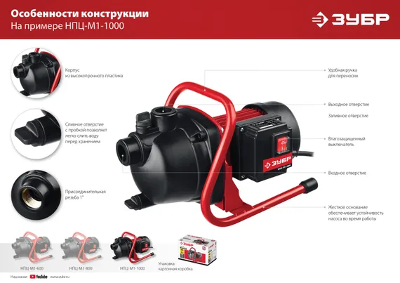 Поверхностный садовый центробежный насос ЗУБР 1000 Вт, (НПЦ-М1-1000)