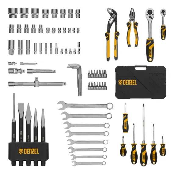 Набор инструментов, 1/2", 1/4", CrV, S2, пластиковый кейс, 84 предмета Denzel