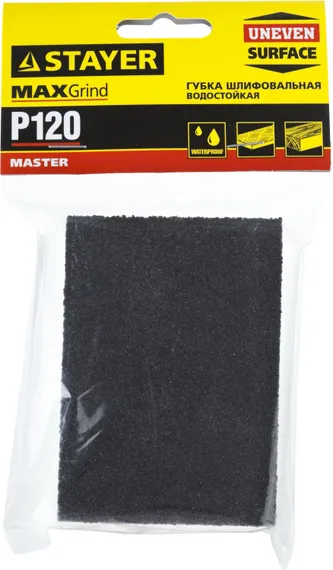 STAYER Р120, 100 х 68 х 26 мм, водостойкая, четырехсторонняя шлифовальная губка (3560-1)