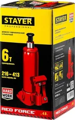 STAYER RED FORCE, 6 т, 216 - 413 мм, бутылочный гидравлический домкрат, Professional (43160-6)