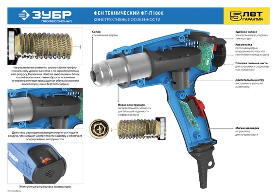 Фен технический ЗУБР 1800 Вт кейс Профессионал (ФТ-П1800 К)