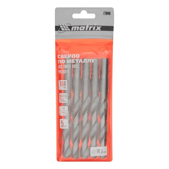 Сверло по металлу, 14 мм, полированное, HSS, 5 шт, цилиндрический хвостовик Matrix