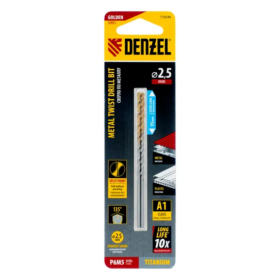Сверло спиральное по металлу 2,5 х 95 мм Р6М5, Golden Tip, удлиненное, 2шт. Denzel