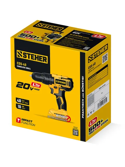 Ударная дрель-шуруповерт, STEHER 20 В, 40 Н·м, без АКБ (LMS), (CDS-40)