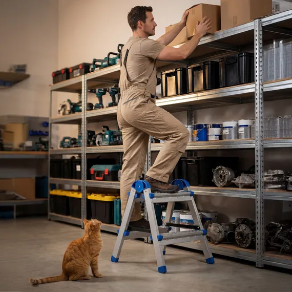 Стремянка двухсторонняя 2 ступени, сталь профиль, стальные ступени, Россия Сибртех