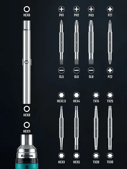 KRAFTOOL 19-в-1 KraftMax 19, Реверсивная отвертка с битами (25862)